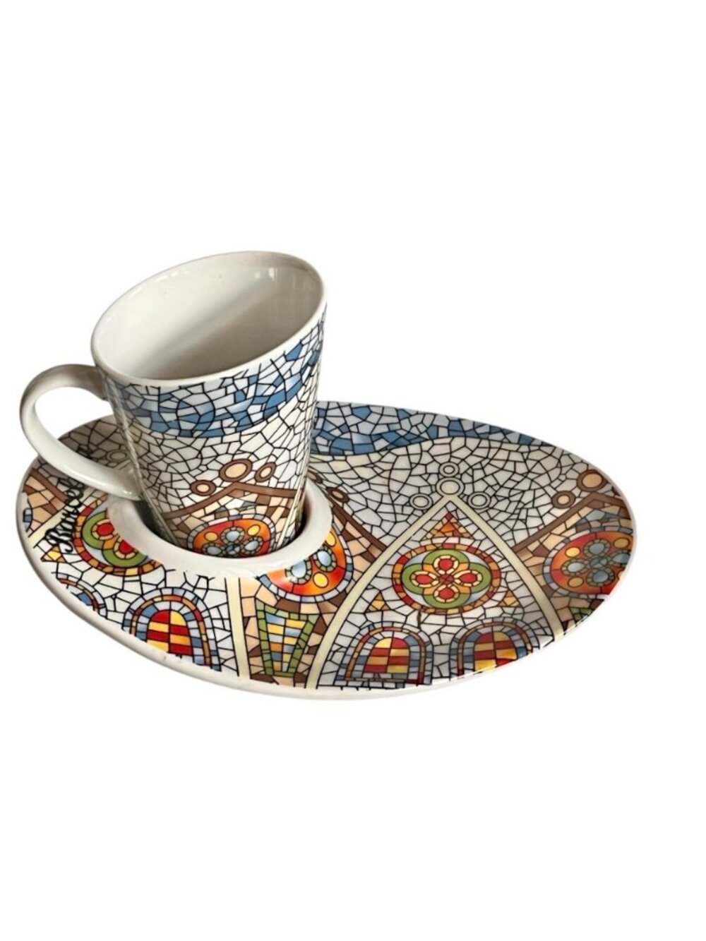 Barcelona Mosaic Cup & Saucer Set Ceramic Multicolor Glass Look Gaudi Style